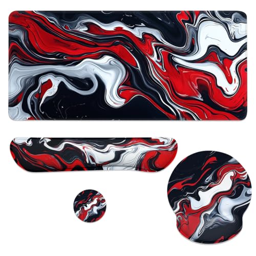 Abstract Art Mouse Pad Set Red Black White Modern Fluid Art Gaming Mousepad 4in1 Desk Mat for Desktop Wrist Support Cup Coaster Set Ergonomic Computer Desk Arm Wrist for Decor Home Office - color: Abstract Art, size: 35.4L x 15.7W inches