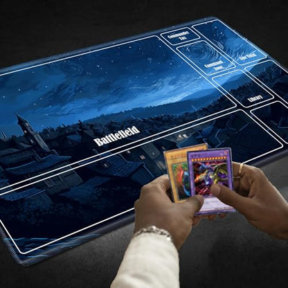 Board Game Mat TCG Playmat Plus 50 Pcs Card Sleeves, 24 x 14 inches Table Mats Games Mousepad with Zones Smooth Surface for MTG RPG CCG Trading Card Game Play Mats, Village Night - color: Village Night, size: Zone 1
