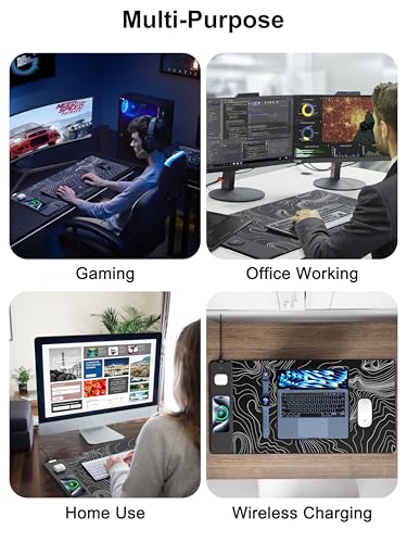 TopMade Mouse Pad with 15W Fast Wireless Charging, 31.5"x15.75" XXL Large Gaming Waterproof Desk Pad with Ultra-Smooth Surface, Non-Slip Base, Computer Desk Mat, Black Topographic Map #2 - color: Black Topographic Map #2