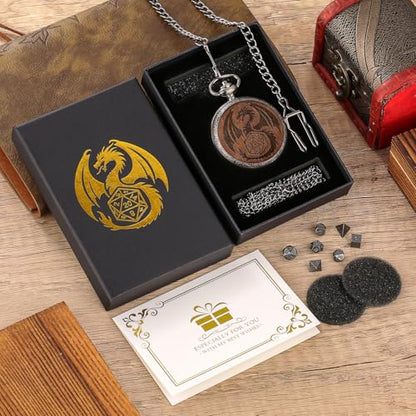 Mini DND Dice Set Wooden Dragon Engraved Pocket Watch Shell Case, 7pcs Polyhedral Metal D&D Dice Set, DND Gifts with Gift Box, Role Playing Board Games Accessories, Silver