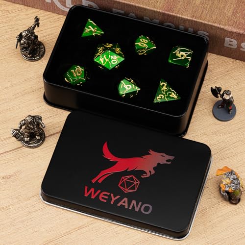 DND Dice Set Metal,Polyhedral D&D Metallic Heterotypic D and D Dice with Cracks for Dungeons and Dragons RPG TTRPG 7-Die Set with Gift Case (Crack, Green and Gold) - color: Green and Gold