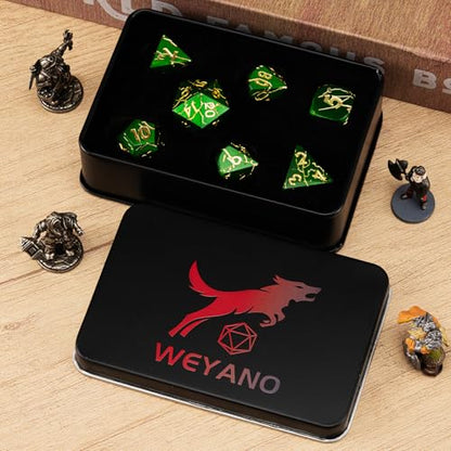 DND Dice Set Metal,Polyhedral D&D Metallic Heterotypic D and D Dice with Cracks for Dungeons and Dragons RPG TTRPG 7-Die Set with Gift Case (Crack, Green and Gold) - color: Green and Gold