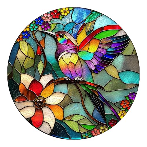 Hartmaze Stained Glass Hummingbird Wooden Puzzle, 178 Intricate Irregular Pieces, 11.2x11.2 Inch, Exquisite Wooden Gift Box – Vibrant Mosaic Art Jigsaw for Adults & Kids 8+ - color: Stained Glass and Hummingbird