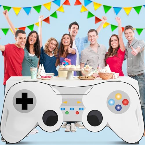 6 Ft Video Game Tablecloth Game Controller Shaped Table Cover Birthday Party Decoration Washable Polyester Fabric Gaming Table Covers Protector for Gamer Player Birthday Party Decor Supplies
