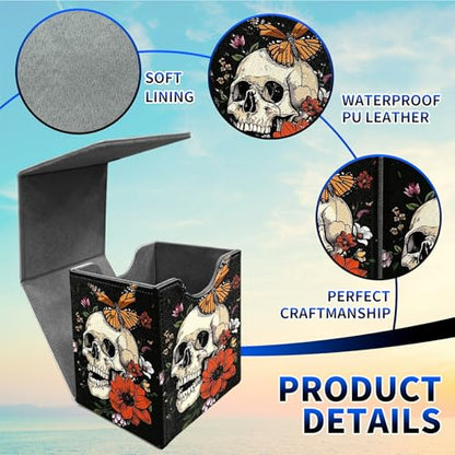 Peony Flower Skull Card Deck Box, MTG Commander Deck Box Card Deck Case for Trading Cards, 100+ Sleeved Cards with PU Leather Magnetic Card Storage Box for TCG CCG Magic Cards - color: Card Deck Box-590