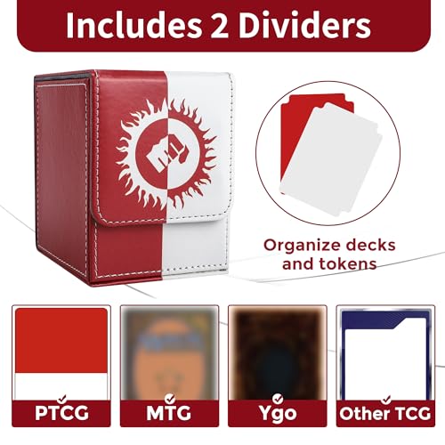 Card Deck Box with 2 Dividers, MTG Commander Deck Box Holds 100+ Double-Sleeved Cards, Leather Magnetic Deck Case Compatible with Magic TCG CCG Cards, Red/White - color: 1. Red & White, size: 100 Double-sleeved Cards Vertical