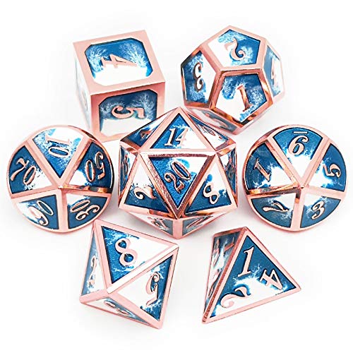 Haxtec Metal DND Dice Set, 7 Pcs Blue-White Polyhedral Dice for RPG | Copper Edge D&D Dice with Leather Bag, Compatible with Dungeons and Dragons, Heavy Metallic, Gifts for Table Games - color: Copper Blue White