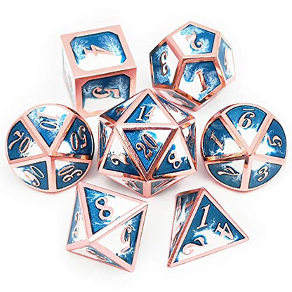 Haxtec Metal DND Dice Set, 7 Pcs Blue-White Polyhedral Dice for RPG | Copper Edge D&D Dice with Leather Bag, Compatible with Dungeons and Dragons, Heavy Metallic, Gifts for Table Games - color: Copper Blue White