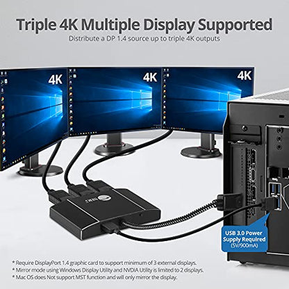 SIIG 1x3 DisplayPort 1.4 MST Hub, Triple 4K, Not for macOS, CE-DP0P11-S1 | Expand one DisplayPort 1.4 source to three 4K displays with MST; designed for Windows systems and not compatible with macOS. - size: DisplayPort 1.4 to, style: 3x DisplayPort