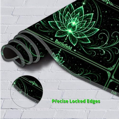 Playmat for MTG with Zones, 24 x 14 Inch Card Game Mat, Stitched Edges, Non Slip Rubber Base, 2mm Washable Play Mat with Storage Bag, Lotus Flower Design, Green Color - color: Green
