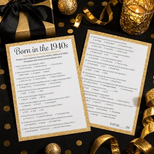 Black and Gold 80th Birthday Games Set, Born in the 1940s, 20 Guests | 5" x 7" Dual-Sided Cards, Who Knows Best, Older or Younger, and 1940s Trivia Games, Answer Keys Included - color: Black Gold