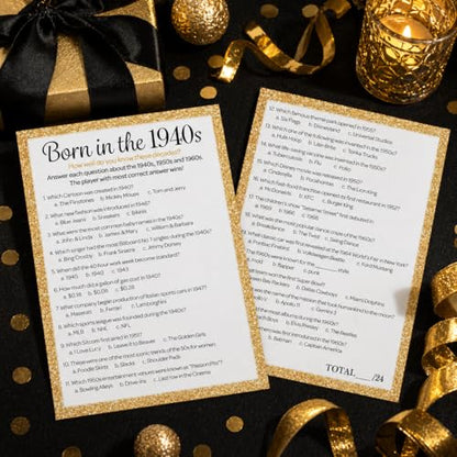 Black and Gold 80th Birthday Games Set, Born in the 1940s, 20 Guests | 5" x 7" Dual-Sided Cards, Who Knows Best, Older or Younger, and 1940s Trivia Games, Answer Keys Included - color: Black Gold