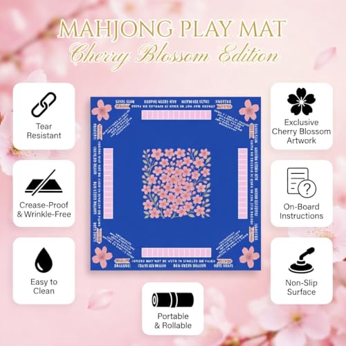 American Mahjong Mat with Rules Printed (33x33, 2.5mm Thick, Cherry Blossom Blue) Mahjong Mat for Table w/Bag, Crease-Proof Waterproof Non-Slip, Soft Mahjong Table Mat, Noise Reduction - color: Cherry Blossom Blue Mat