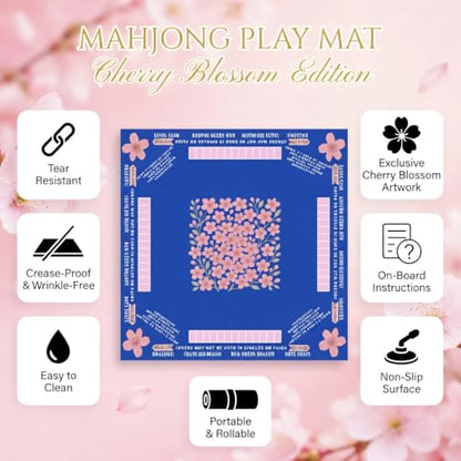 American Mahjong Mat with Rules Printed (33x33, 2.5mm Thick, Cherry Blossom Blue) Mahjong Mat for Table w/Bag, Crease-Proof Waterproof Non-Slip, Soft Mahjong Table Mat, Noise Reduction - color: Cherry Blossom Blue Mat