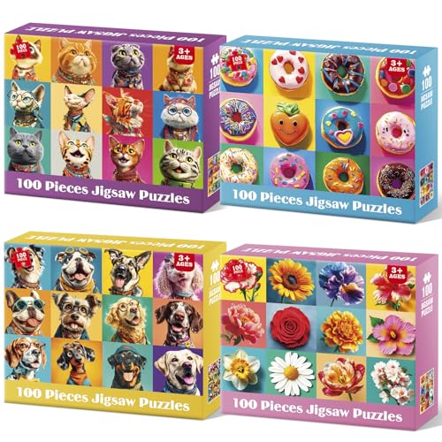 4 Packs 100 Piece Puzzles for Kids - Dogs Cats Donuts Flowers Puzzles | Kids Ages 4-6 6-8 8-10, Large Piece Puzzles for Kids & Seniors Adults Jigsaw Puzzles Educational Gifts for Girls Boys - color: Cats Dogs Flowers Donuts Combo