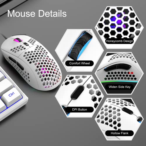 60% Gaming Keyboard and Mouse Combo Samll Mini RGB LED Backlight Mechanical Feeling and RGB 6400 DPI Honeycomb Optical Mouse,Gaming Mouse pad for Gamers and Typists - color: White