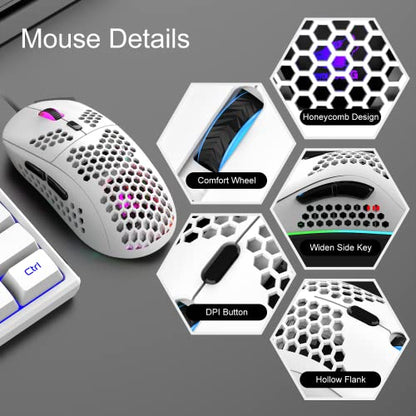 60% Gaming Keyboard and Mouse Combo Samll Mini RGB LED Backlight Mechanical Feeling and RGB 6400 DPI Honeycomb Optical Mouse,Gaming Mouse pad for Gamers and Typists - color: White