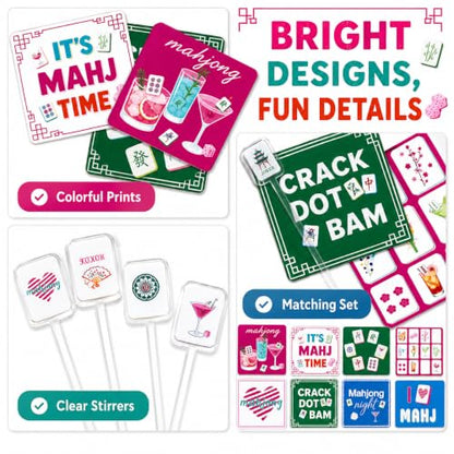 Mahjong Coasters and Drink Stirrers Set, 16-Piece Mahjong Accessories with 8 Square 4-Inch Coasters and 8 Acrylic Cocktail Swizzle Sticks, Gifts for Women and Game Night.