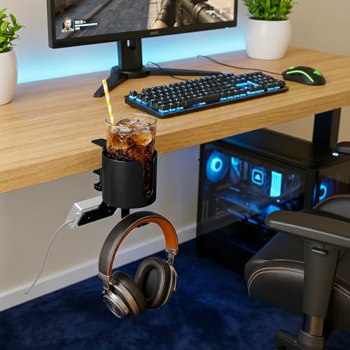 MYITYARD 3 in 1 Desk Cup Holder Clamp, Clip On Table Cup Holder with Headphone Hook & Power Strip Holder, Rotatable Water Bottle Drink Coffee Mug Organizer, Gaming Accessories for Home and Office - color: With Power Strip Holder
