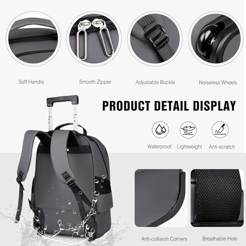 FANDARE Rolling Laptop Backpack Convertible Luggage Backpack with Wheels Travel Daypacks Multi-Functional Carry-On for Business Trip Men Lifestyle Outdoor Urban Waterproof PU Film Backpacks Grey - color: Grey