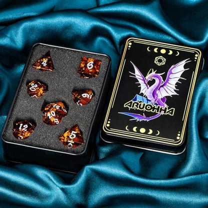 ARUOHHA Liquid Core DND Dice Set, 7pcs Resin Sharp Edged Dragons Dice Role Playing Games, RPG Silver Numbers Red Dungeons Polyhedral Dice with Gift Box D20 D12 D10 D8 D6 D4 - color: Silver Red