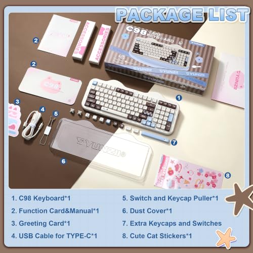 YUNZII C98 Cute Cake Wireless Mechanical Keyboard(Choco, Candy Switch) | 99 Keys with Number Pad, Hot Swap, PBT MOA Keycaps, BT5.0/2.4G/USB-C, Gasket Mount, Custom RGB Backlit for Win/Mac - color: Choco, size: Candy Linear Switch
