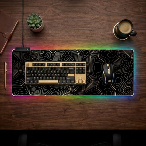 RGB Mouse Pad LED Desk Mat Large Gaming Mousepad Black and Gold Line Design, Keyboard Pad XL Mouse Mat for Home and Office (Black with Gold Topographic Line) - color: Black With Gold Topographic Line