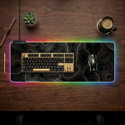 RGB Mouse Pad LED Desk Mat Large Gaming Mousepad Black and Gold Line Design, Keyboard Pad XL Mouse Mat for Home and Office (Black with Gold Topographic Line) - color: Black With Gold Topographic Line