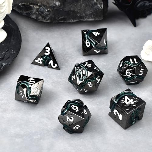 RULE DICE Metal DND Dice Set with Serpent's Cunning Design– 7 Polyhedral Solid D&D Dice – Balanced Metal Dice for Dungeons and Dragons, RPG, Role Playing Games - color: Ld-black White