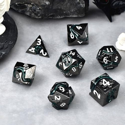 RULE DICE Metal DND Dice Set with Serpent's Cunning Design– 7 Polyhedral Solid D&D Dice – Balanced Metal Dice for Dungeons and Dragons, RPG, Role Playing Games - color: Ld-black White