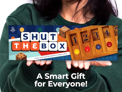 BSIRI Classic Shut The Box Game Wooden 12 Numbers with Math Lover Player Wood Box of Brain Teaser Puzzles Single Player Original Wood Dice and Close flip Number Board Games Adults Travel Mini Size - style: Shut the Box Game