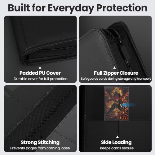 4 Pocket Trading Card Binder, Ringless Card Binder with Zipper for TCG and Sport Cards Collections, Holds 160 Cards with Side-Loading Pages, Black - color: 1.Black - 4 Pocket - 160 Slots