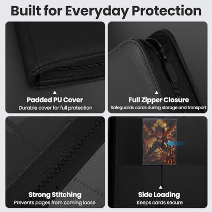 4 Pocket Trading Card Binder, Ringless Card Binder with Zipper for TCG and Sport Cards Collections, Holds 160 Cards with Side-Loading Pages, Black - color: 1.Black - 4 Pocket - 160 Slots