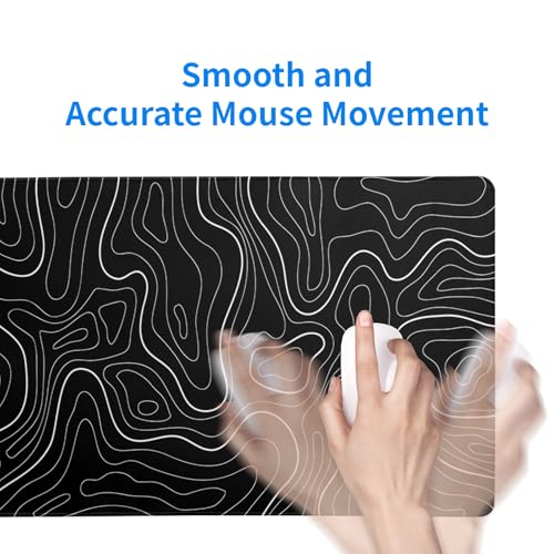 Topographic Contour Black Gaming Mouse Pad XL Geographic Map Lines Extended Big Large Desk Mat Non-Slip Rubber Base Stitched Edge Long Keyboard Mousepad for PC Computer Laptop,31.5x11.8 Inch - color: Black Topographic Contour