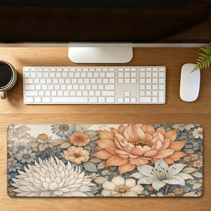 Floral Desk Mat - 31.5x11.8 Inch Japanese Flower Large Mousepad Boho Aesthetic Extended Mouse Pad with Anti-Slip Rubber Base for Computer Mouse Keyboard Home and Office