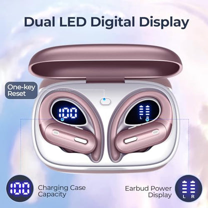 Active Noise Cancelling Ear Buds Wireless Earbuds 90Hrs Playtime Bluetooth Headphones with Hi-Res Stereo Deep Bass Power Display Earphones with Earhooks Waterproof Transparency Headset for Sports/Gym - color: Rose Pink