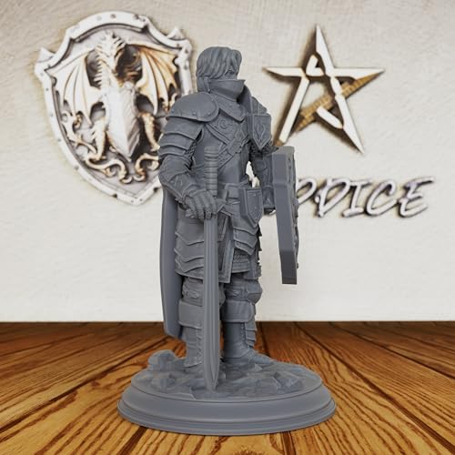 AUSPDICE Master Fighter 28mm, Unpainted Human Fantasy RPG Miniature AS227 | DND Miniature for Dungeon Masters: Armored Swordsman with Longsword and Ornate Shield for TTRPG Battles and Castle Defense