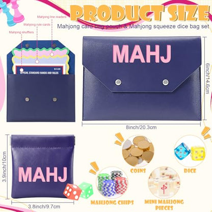 2 Pcs Leather Mahjong Card Bag Clutch Pouch Holder with PU Squeeze Dice Bag Mahjong Accessories Protector Cover Case for MAHJ Lover Playing Game Night(Dark Blue) - color: Dark Blue
