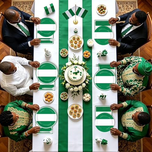 96 Pcs Nigeria Flag Themed Party Decorations, Serves 24 | Green White Plates and Napkins Nigerian Independence Day Tableware for African Cultural National Day Soccer Party Supplies - style: Nigeria Themed Plates m
