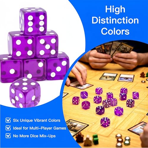 12 Piece 19 mm Casino Style Dice Set, Acrylic Translucent D6 Dice with Square Rounded Edge, Purple for Craps, Table Games, Board Games, RPG, MTG, DND(Purple) - color: Purple