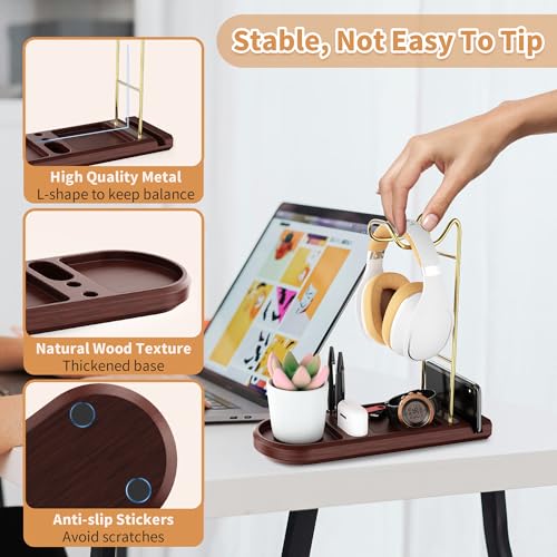Wooden Headphone Stand for Desk, Gold Headset Holder with Tray | Unique Head Phone Holder, Controller And Headset Stand for Airpod Max And More, Desktop Headphone Hanger for Gaming, Office