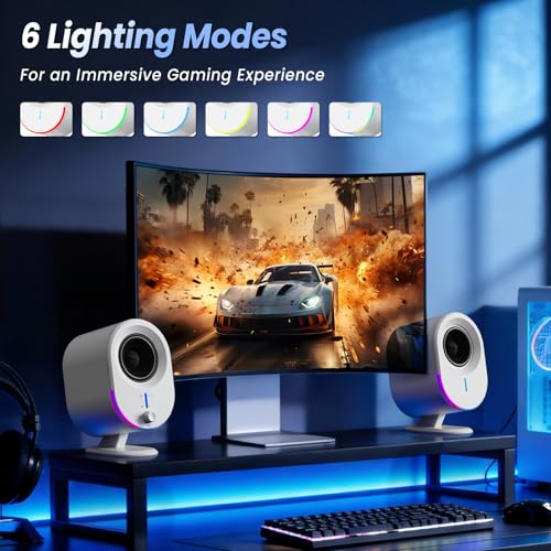 LITTOAK Bluetooth PC Gaming Speakers, 2 * 15W 2.0CH Stereo with 3 EQ & 6 RGB Modes, AC Powered Desktop Speakers with Aux/USB/Headphone Port for Laptop/TV, White