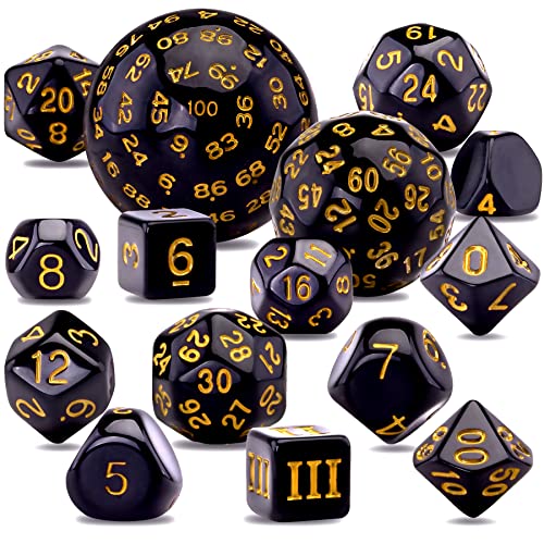 AUSTOR 15 Pieces Complete Polyhedral Dice Set D3-D100 Game Dice Set with a Leather Drawstring Storage Bag for Role Playing Table Games(Black & Yellow) - color: Black & Yellow