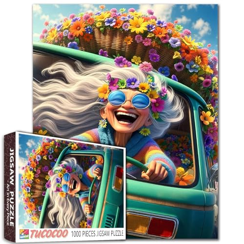 Colorful Hippie Van Road Trip Jigsaw Puzzle for Adults Students 1000 Pieces Fun Floral Retro Style Puzzle for Stress Relief 20×27 Inches Bright Vintage Camper Puzzles for Home Decor Unique Gift Idea - color: Puzzle-old Woman-01