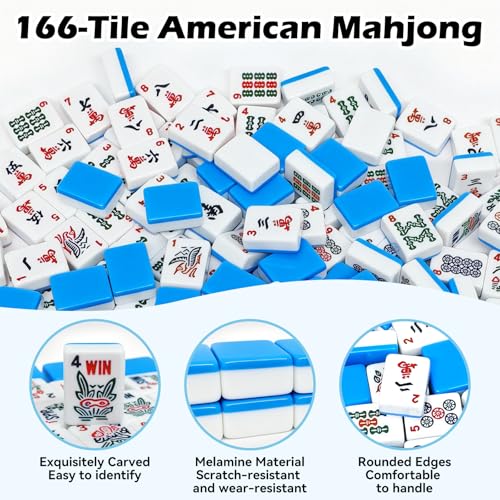 American Mahjong Tile Set with 166 Tiles, 1.2-Inch Mah Jongg Sets, Mahjong Gift Set with 3 Blue Dice and Mahjong Tile Bag, Complete Portable Game Set for Family, Travel, Parties