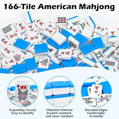 American Mahjong Tile Set with 166 Tiles, 1.2-Inch Mah Jongg Sets, Mahjong Gift Set with 3 Blue Dice and Mahjong Tile Bag, Complete Portable Game Set for Family, Travel, Parties