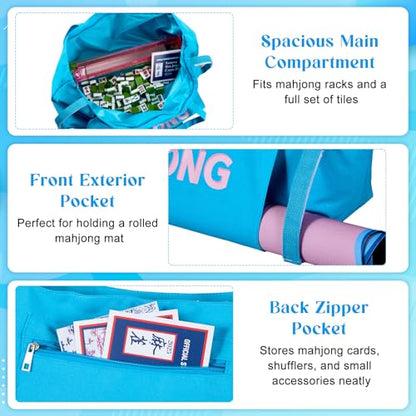 Abbylike 28x9 Inches Mahjong Bag for Rolled Mat Tiles Racks Pushers Accessories Empty Mahjong Tote Bag with Zipper Closure Outer Pockets Lining Large Capacity(Blue,Canvas) - color: Blue