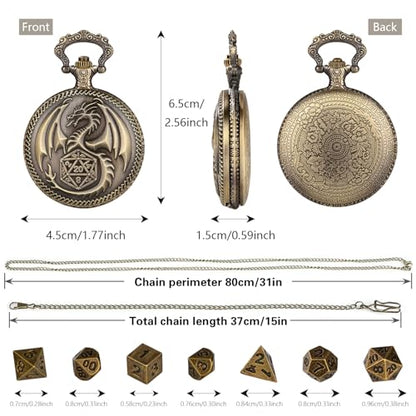 Mini DND Dice Set Steampunk Dragon Pocket Watch Shell Case, 7pcs Polyhedral Metal D&D Dice Set, DND Gifts with Gift Box for Men Women, Role Playing Board Games Accessories, Bronze - color: Bronze