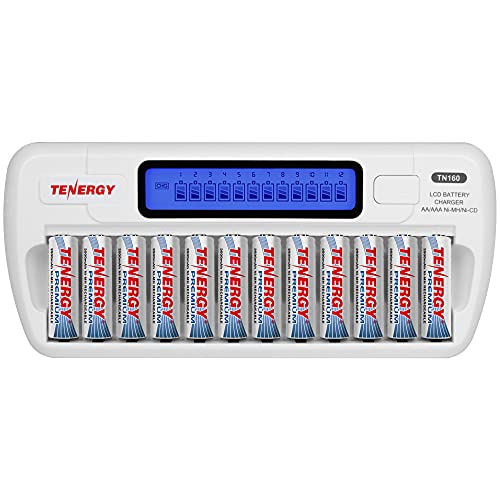 Tenergy TN160 12-Bay LCD NiMH/NiCD AAA/AA Battery Charger + 12 AA Premium NiMH Rechargeable Batteries - size: Charger + 12 Pack Premium AA