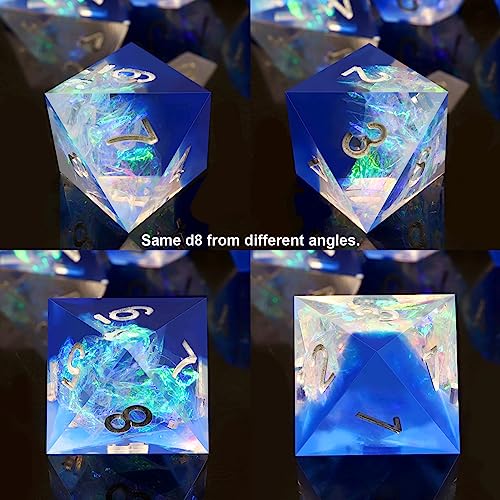 Haxtec Sharp Edge DND Dice Set, Holographic Resin Polyhedral RPG Dice | Blue D&D Dice for Role Playing Games, Compatible with Dungeons and Dragons, Handmade 7-Die with Metal Case, TTRPG Gifts - color: Blue Silver